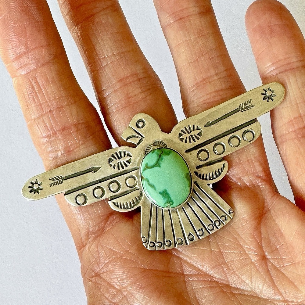 HUGE Navajo Turquoise Thunderbird Ring Sz 8 Stamped Sterling Silver Signed James